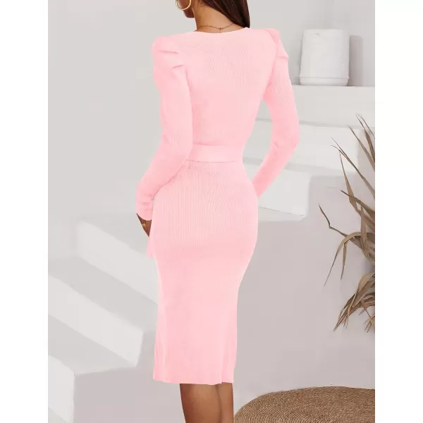 imageZESICA Womens 2023 Long Sleeve Sweater Dress Ribbed Knit Crew Neck Tie Waist Bodycon Slit Midi DressesPink