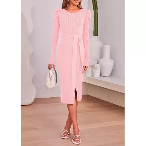imageZESICA Womens 2023 Long Sleeve Sweater Dress Ribbed Knit Crew Neck Tie Waist Bodycon Slit Midi DressesPink