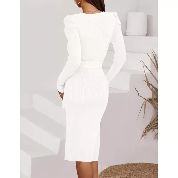imageZESICA Womens 2023 Long Sleeve Sweater Dress Ribbed Knit Crew Neck Tie Waist Bodycon Slit Midi DressesWhite