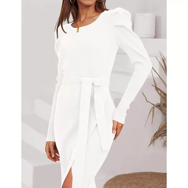 imageZESICA Womens 2023 Long Sleeve Sweater Dress Ribbed Knit Crew Neck Tie Waist Bodycon Slit Midi DressesWhite