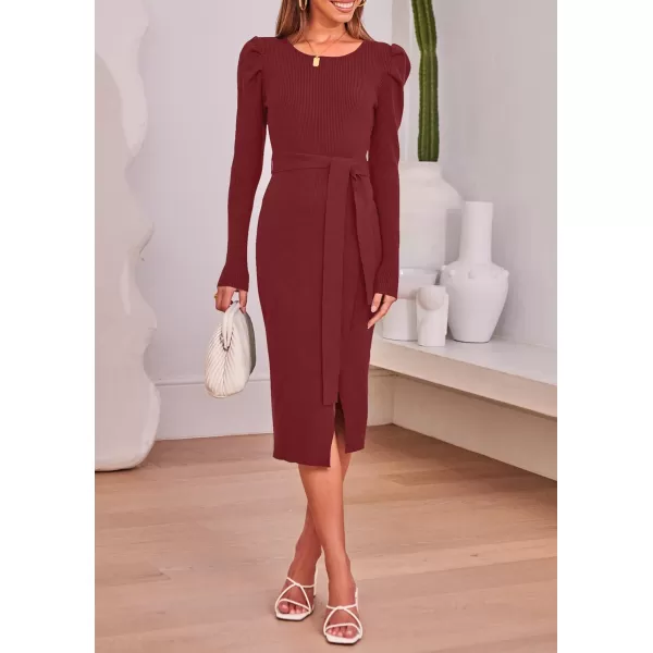 imageZESICA Womens 2023 Long Sleeve Sweater Dress Ribbed Knit Crew Neck Tie Waist Bodycon Slit Midi DressesWine