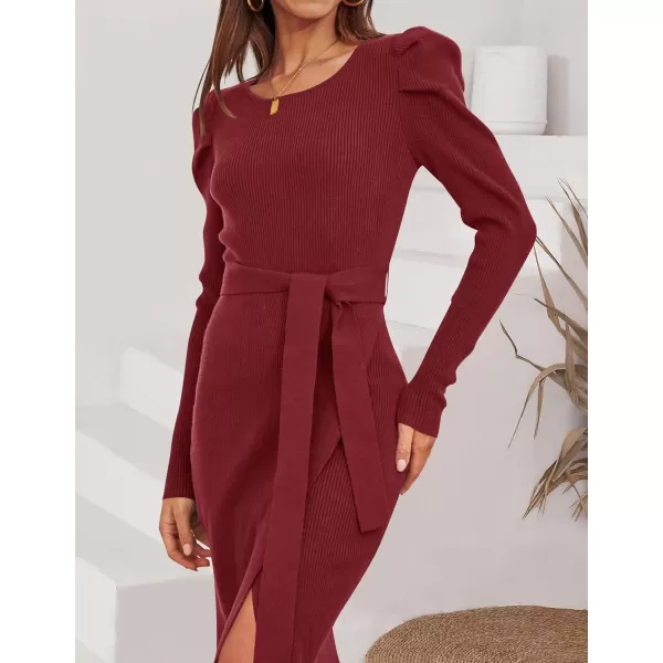 imageZESICA Womens 2023 Long Sleeve Sweater Dress Ribbed Knit Crew Neck Tie Waist Bodycon Slit Midi DressesWine