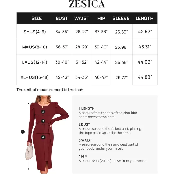imageZESICA Womens 2023 Long Sleeve Sweater Dress Ribbed Knit Crew Neck Tie Waist Bodycon Slit Midi DressesWine