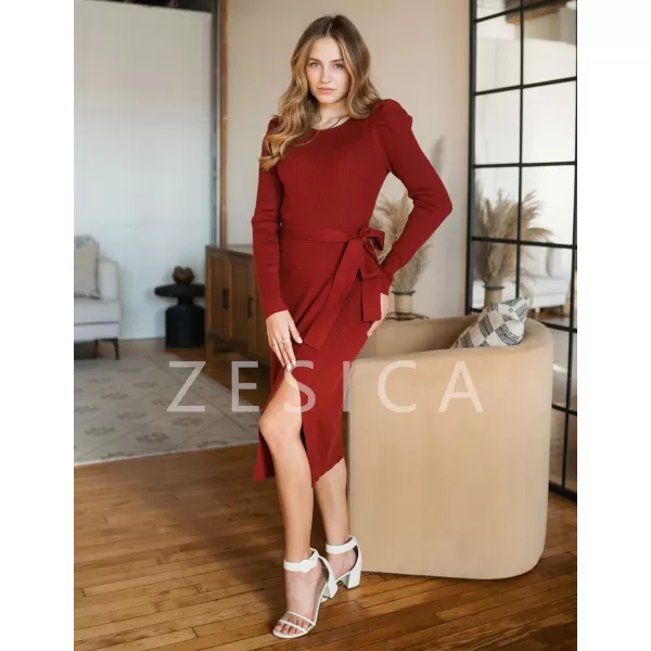 imageZESICA Womens 2023 Long Sleeve Sweater Dress Ribbed Knit Crew Neck Tie Waist Bodycon Slit Midi DressesWine