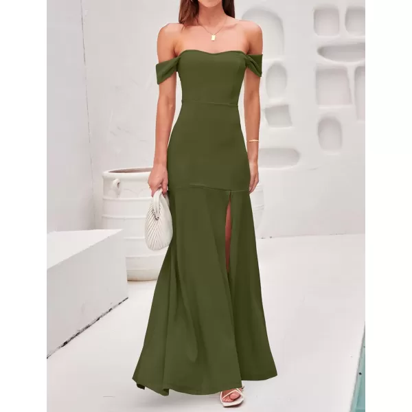 imageZESICA Womens 2023 Off Shoulder Wedding Guest Dress Short Sleeve High Split Bodycon Evening Gown Maxi DressesArmygreen