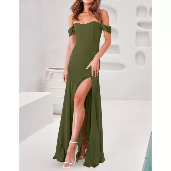 imageZESICA Womens 2023 Off Shoulder Wedding Guest Dress Short Sleeve High Split Bodycon Evening Gown Maxi DressesArmygreen
