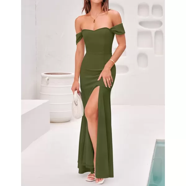 imageZESICA Womens 2023 Off Shoulder Wedding Guest Dress Short Sleeve High Split Bodycon Evening Gown Maxi DressesArmygreen