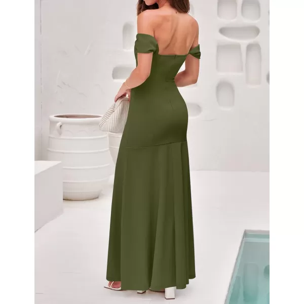 imageZESICA Womens 2023 Off Shoulder Wedding Guest Dress Short Sleeve High Split Bodycon Evening Gown Maxi DressesArmygreen