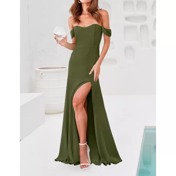 imageZESICA Womens 2023 Off Shoulder Wedding Guest Dress Short Sleeve High Split Bodycon Evening Gown Maxi DressesArmygreen