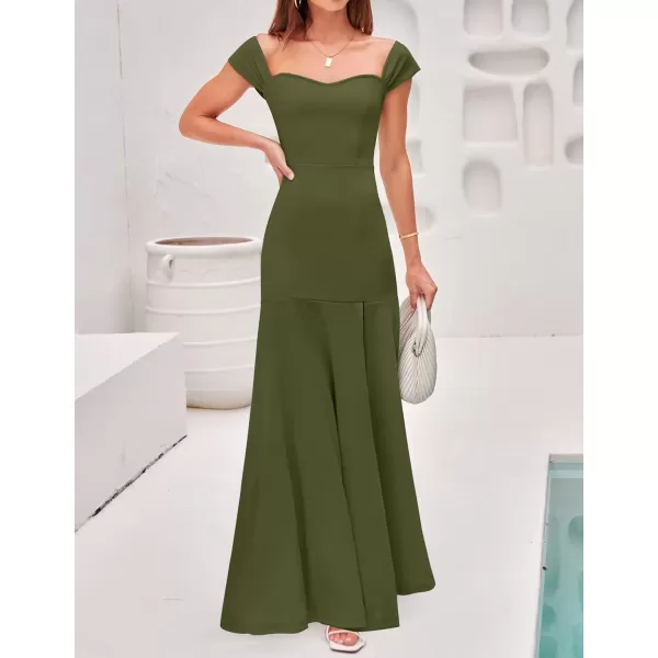 imageZESICA Womens 2023 Off Shoulder Wedding Guest Dress Short Sleeve High Split Bodycon Evening Gown Maxi DressesArmygreen