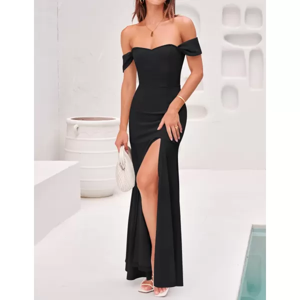 imageZESICA Womens 2023 Off Shoulder Wedding Guest Dress Short Sleeve High Split Bodycon Evening Gown Maxi DressesBlack