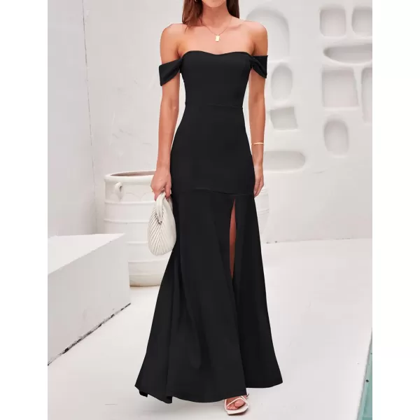 imageZESICA Womens 2023 Off Shoulder Wedding Guest Dress Short Sleeve High Split Bodycon Evening Gown Maxi DressesBlack