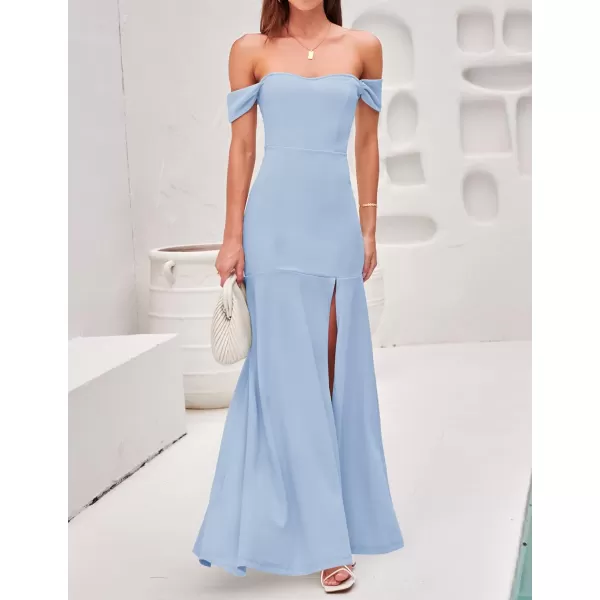 imageZESICA Womens 2023 Off Shoulder Wedding Guest Dress Short Sleeve High Split Bodycon Evening Gown Maxi DressesBlue
