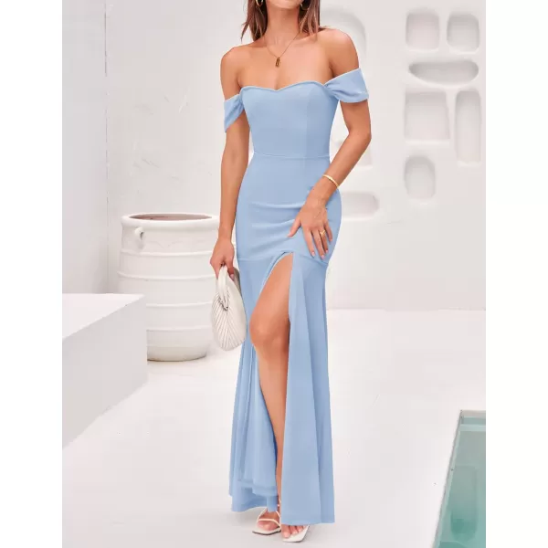 imageZESICA Womens 2023 Off Shoulder Wedding Guest Dress Short Sleeve High Split Bodycon Evening Gown Maxi DressesBlue