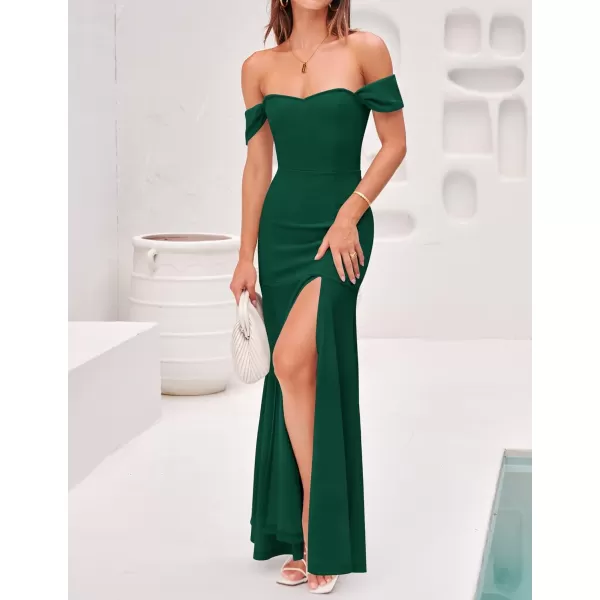 imageZESICA Womens 2023 Off Shoulder Wedding Guest Dress Short Sleeve High Split Bodycon Evening Gown Maxi DressesDarkgreen