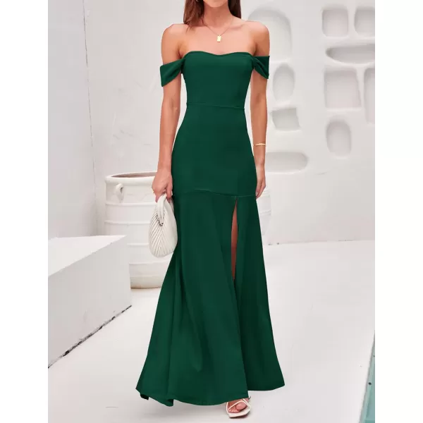 imageZESICA Womens 2023 Off Shoulder Wedding Guest Dress Short Sleeve High Split Bodycon Evening Gown Maxi DressesDarkgreen