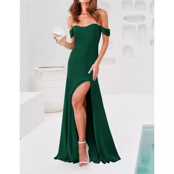 imageZESICA Womens 2023 Off Shoulder Wedding Guest Dress Short Sleeve High Split Bodycon Evening Gown Maxi DressesDarkgreen