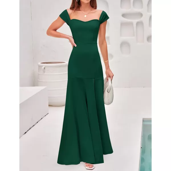 imageZESICA Womens 2023 Off Shoulder Wedding Guest Dress Short Sleeve High Split Bodycon Evening Gown Maxi DressesDarkgreen
