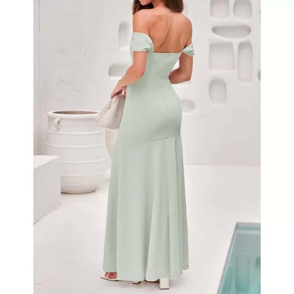 imageZESICA Womens 2023 Off Shoulder Wedding Guest Dress Short Sleeve High Split Bodycon Evening Gown Maxi DressesLightgreen