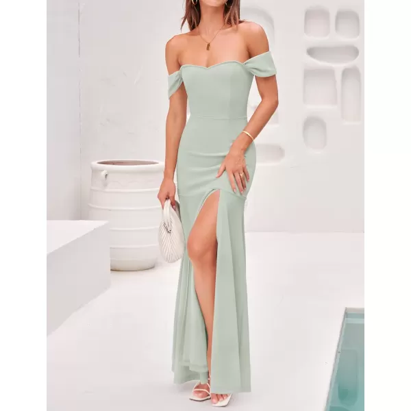 imageZESICA Womens 2023 Off Shoulder Wedding Guest Dress Short Sleeve High Split Bodycon Evening Gown Maxi DressesLightgreen