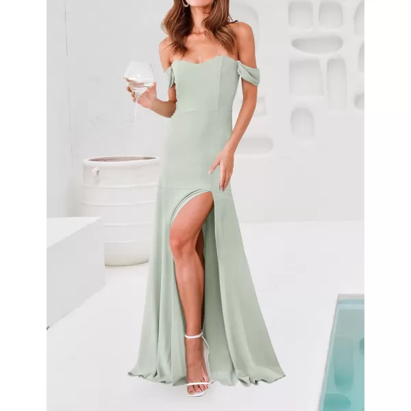 imageZESICA Womens 2023 Off Shoulder Wedding Guest Dress Short Sleeve High Split Bodycon Evening Gown Maxi DressesLightgreen