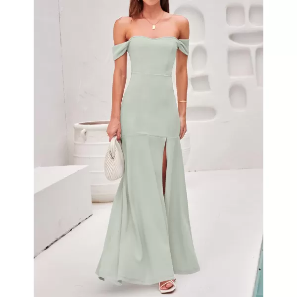 imageZESICA Womens 2023 Off Shoulder Wedding Guest Dress Short Sleeve High Split Bodycon Evening Gown Maxi DressesLightgreen