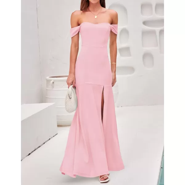 imageZESICA Womens 2023 Off Shoulder Wedding Guest Dress Short Sleeve High Split Bodycon Evening Gown Maxi DressesLightpink