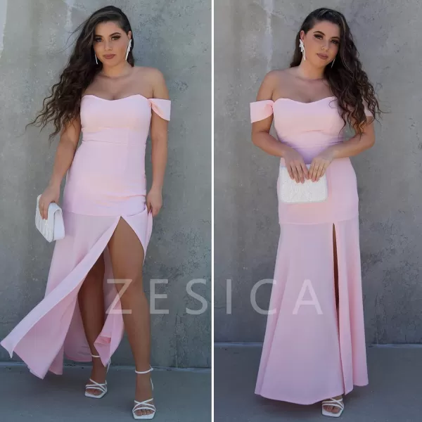imageZESICA Womens 2023 Off Shoulder Wedding Guest Dress Short Sleeve High Split Bodycon Evening Gown Maxi DressesLightpink