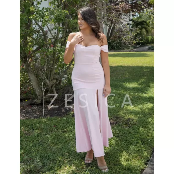 imageZESICA Womens 2023 Off Shoulder Wedding Guest Dress Short Sleeve High Split Bodycon Evening Gown Maxi DressesLightpink