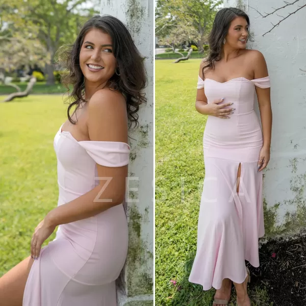 imageZESICA Womens 2023 Off Shoulder Wedding Guest Dress Short Sleeve High Split Bodycon Evening Gown Maxi DressesLightpink
