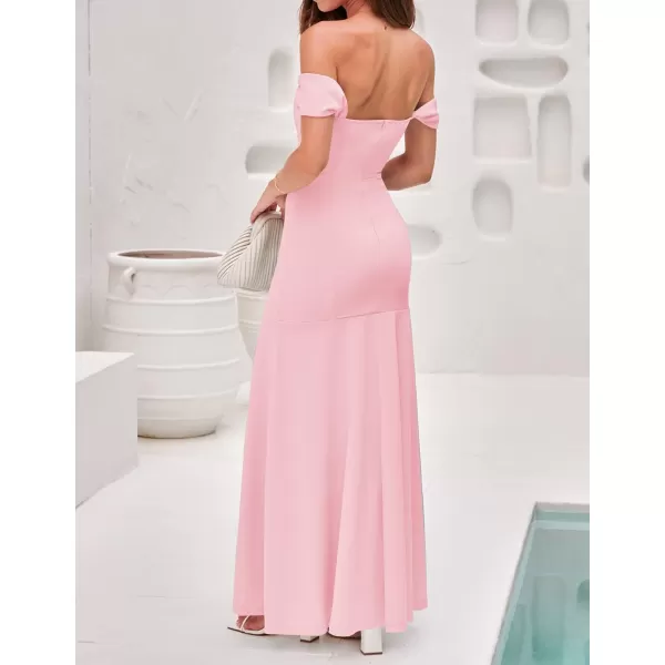 imageZESICA Womens 2023 Off Shoulder Wedding Guest Dress Short Sleeve High Split Bodycon Evening Gown Maxi DressesLightpink