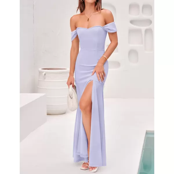 imageZESICA Womens 2023 Off Shoulder Wedding Guest Dress Short Sleeve High Split Bodycon Evening Gown Maxi DressesPurple