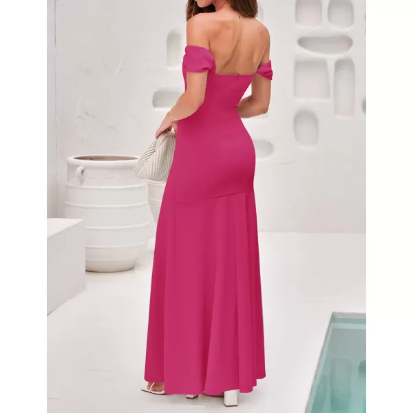 imageZESICA Womens 2023 Off Shoulder Wedding Guest Dress Short Sleeve High Split Bodycon Evening Gown Maxi DressesRose