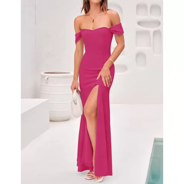 imageZESICA Womens 2023 Off Shoulder Wedding Guest Dress Short Sleeve High Split Bodycon Evening Gown Maxi DressesRose