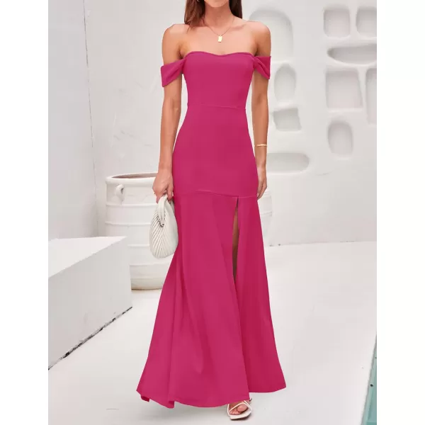 imageZESICA Womens 2023 Off Shoulder Wedding Guest Dress Short Sleeve High Split Bodycon Evening Gown Maxi DressesRose