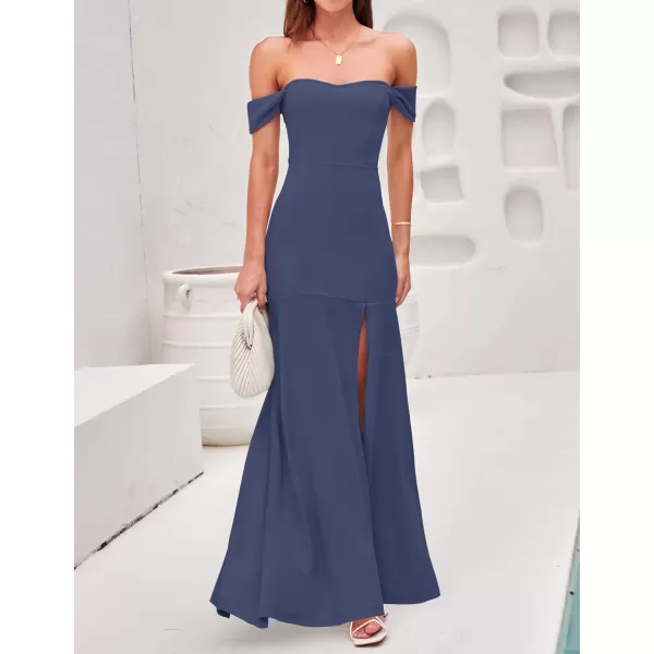 imageZESICA Womens 2023 Off Shoulder Wedding Guest Dress Short Sleeve High Split Bodycon Evening Gown Maxi DressesRoyalblue