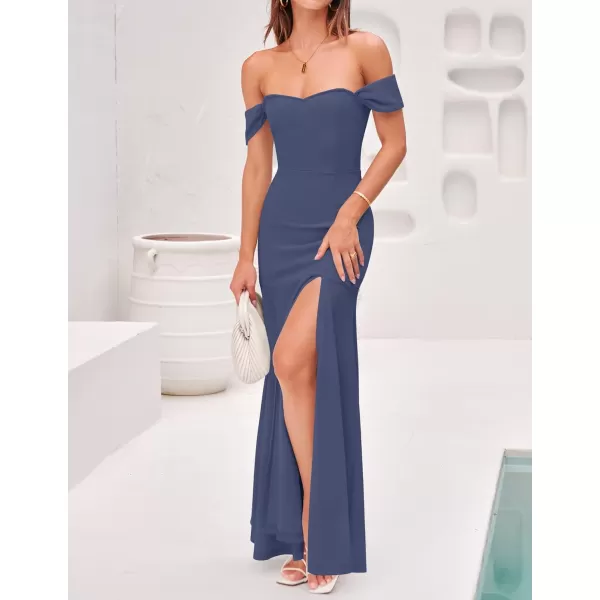 imageZESICA Womens 2023 Off Shoulder Wedding Guest Dress Short Sleeve High Split Bodycon Evening Gown Maxi DressesRoyalblue