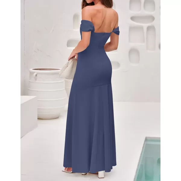 imageZESICA Womens 2023 Off Shoulder Wedding Guest Dress Short Sleeve High Split Bodycon Evening Gown Maxi DressesRoyalblue