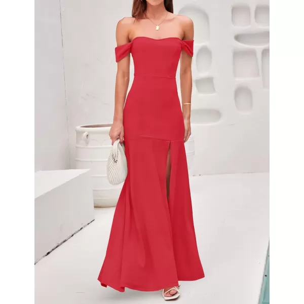 imageZESICA Womens 2023 Off Shoulder Wedding Guest Dress Short Sleeve High Split Bodycon Evening Gown Maxi DressesWatermelon