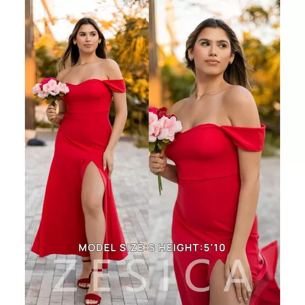imageZESICA Womens 2023 Off Shoulder Wedding Guest Dress Short Sleeve High Split Bodycon Evening Gown Maxi DressesWatermelon