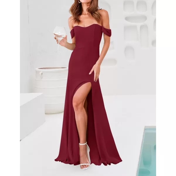 imageZESICA Womens 2023 Off Shoulder Wedding Guest Dress Short Sleeve High Split Bodycon Evening Gown Maxi DressesWine