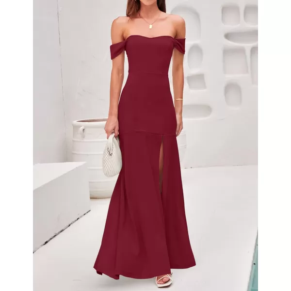 imageZESICA Womens 2023 Off Shoulder Wedding Guest Dress Short Sleeve High Split Bodycon Evening Gown Maxi DressesWine