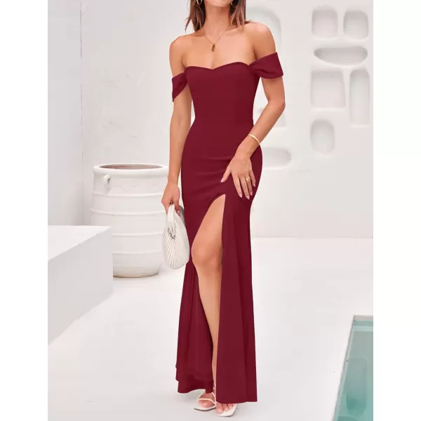 imageZESICA Womens 2023 Off Shoulder Wedding Guest Dress Short Sleeve High Split Bodycon Evening Gown Maxi DressesWine