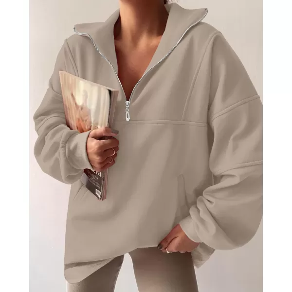 imageZESICA Womens 2023 Oversized Half Zip Sweatshirt Long Sleeve Quarter Zip Pullover Y2K Hoodies Tops Fall Winter OutfitsAlmond