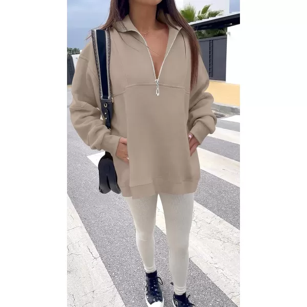 imageZESICA Womens 2023 Oversized Half Zip Sweatshirt Long Sleeve Quarter Zip Pullover Y2K Hoodies Tops Fall Winter OutfitsAlmond