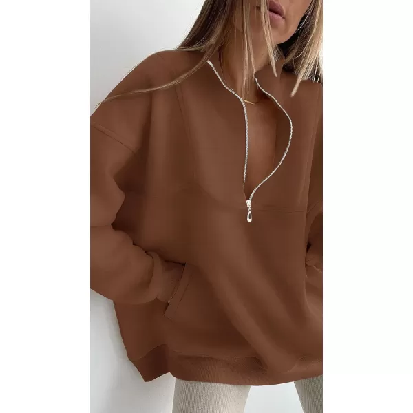 imageZESICA Womens 2023 Oversized Half Zip Sweatshirt Long Sleeve Quarter Zip Pullover Y2K Hoodies Tops Fall Winter OutfitsBrown