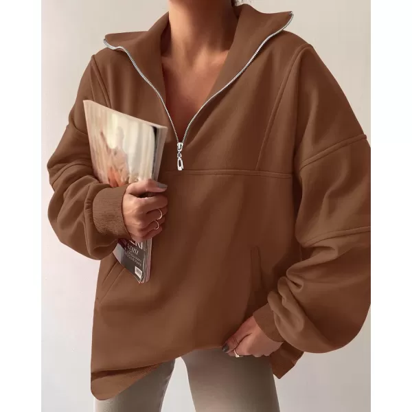 imageZESICA Womens 2023 Oversized Half Zip Sweatshirt Long Sleeve Quarter Zip Pullover Y2K Hoodies Tops Fall Winter OutfitsBrown