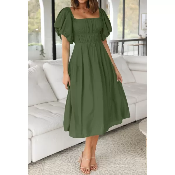 imageZESICA Womens 2023 Sexy Boho Off Shoulder Puff Short Sleeve High Waist Ruffled Flowy A Line Beach Party Midi DressArmygreen