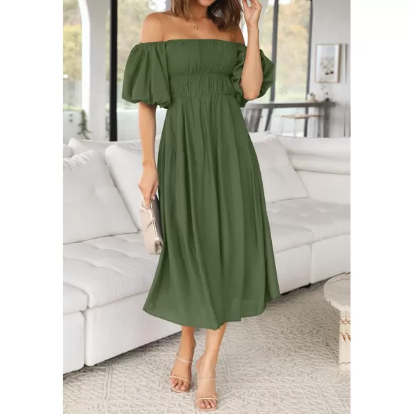 imageZESICA Womens 2023 Sexy Boho Off Shoulder Puff Short Sleeve High Waist Ruffled Flowy A Line Beach Party Midi DressArmygreen