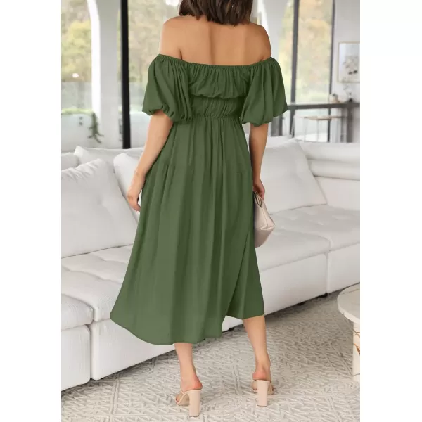 imageZESICA Womens 2023 Sexy Boho Off Shoulder Puff Short Sleeve High Waist Ruffled Flowy A Line Beach Party Midi DressArmygreen